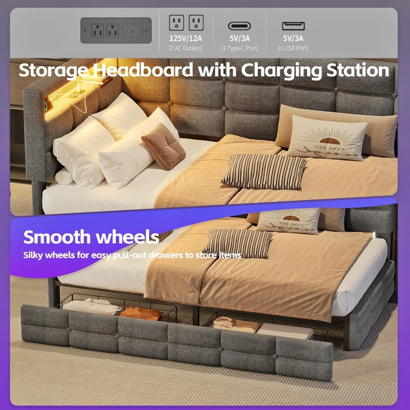 Upholstered Twin Daybed with 2 Drawers and Built-In Charging Station, Multi-Functional Guest Bed with Storage Headboard, 77.5'' L x 39'' W x 35'' H, Gray
