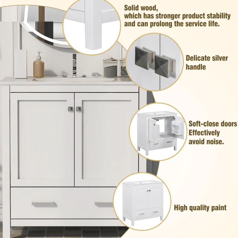 30" Bathroom Vanity with Single Sink, Solid Wood Frame, Multifunctional Storage Cabinet with Soft-Close Doors, 30" L x 18.5" W x 34" H, White