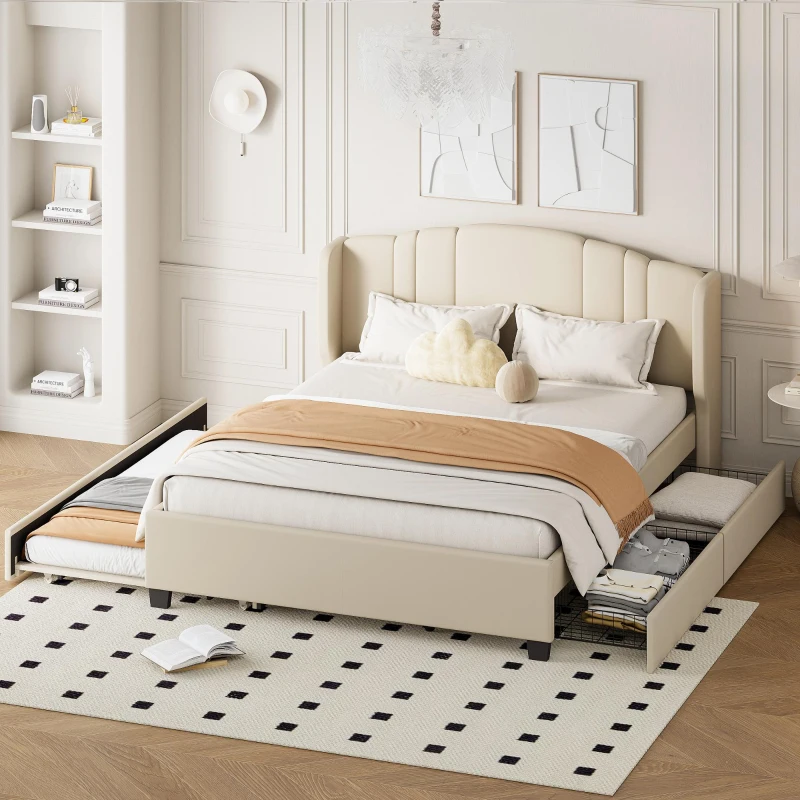 Upholstered Queen Platform Bed with Wingback Headboard and 2 Storage Drawers, Multi-Functional Bed Frame with Wood Slat, 86'' L x 65'' W x 43'' H, Beige