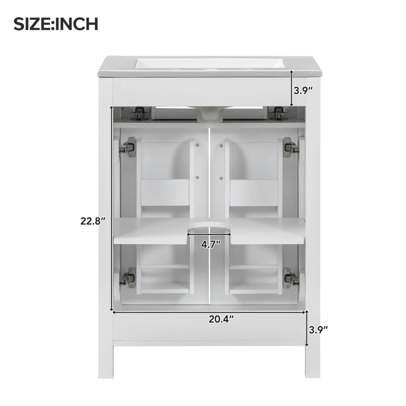 Modern Bathroom Vanity with 4 Doors, 2 Drawers and Adjustable Shelf, Freestanding Cabinet with Ceramic Sink, 48.5'' L x 18.5'' W x 34'' H, White