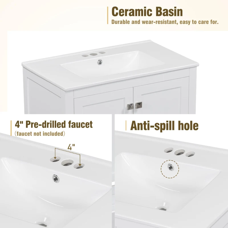30" Bathroom Vanity with Single Sink, Solid Wood Frame, Multifunctional Storage Cabinet with Soft-Close Doors, 30" L x 18.5" W x 34" H, White