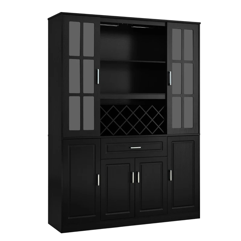 Tall Wine Cabinet with Wine Rack and Stemware Holder, 4-Door Storage Cabinet with Semi-Open Shelf, 52" L x 15.5" W x 74" H, Black