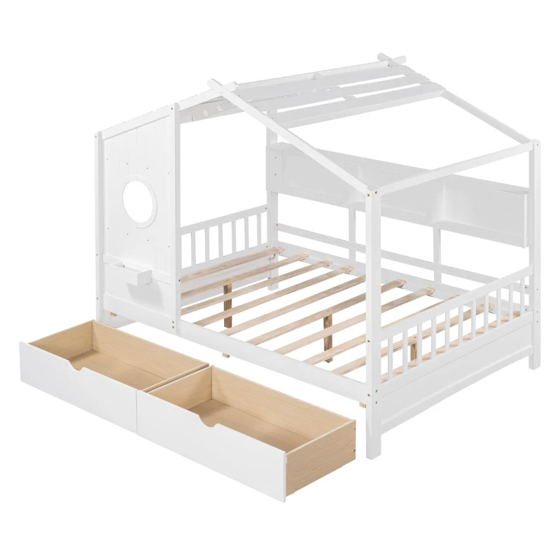 Full Size House Bed with Playful Pitched-Roof and Back Shelf, Wooden House Bed Frame with Sturdy Pine, 78'' L x 58'' W x 72'' H, White