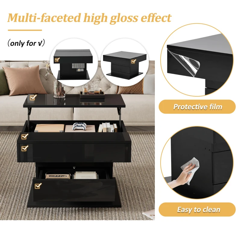 360° Rotating Lift-Top Coffee Table with Height-Adjustable Square Top, Modern Center Table with Hidden Storage, 27.5" L x 27.5" W x 17.5" H, Black