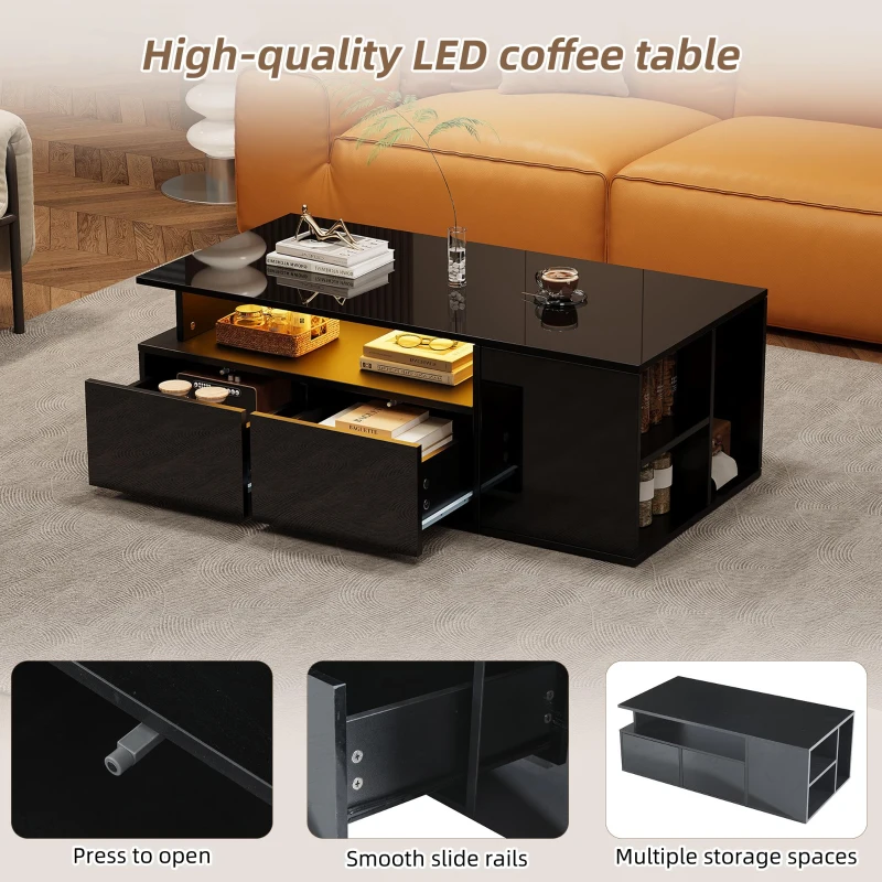 High-Gloss LED Coffee Table with App-Controlled Colour Light Strip, Functional Center Table with Open Storage, 39.5" L x 19.5" W x 13.5" H, Black