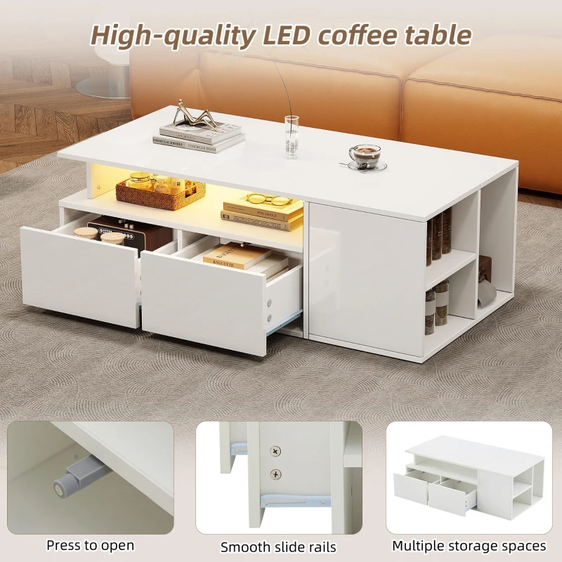 High-Gloss LED Coffee Table with App-Controlled Colour Light Strip, Functional Center Table with Open Storage, 39.5" L x 19.5" W x 13.5" H, White