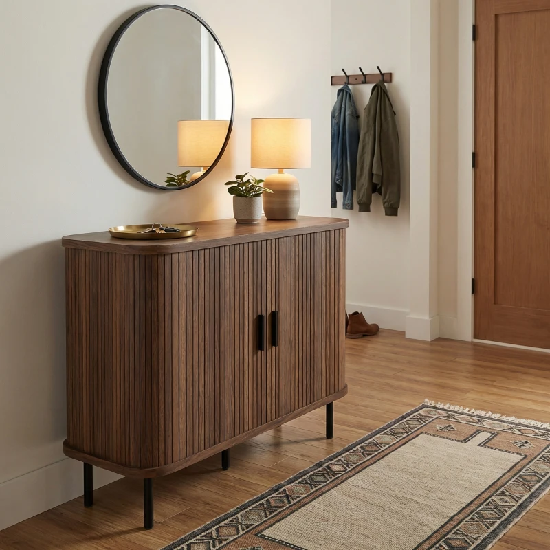 HOMCOM 35.4" Sideboard Buffet Cabinet with Storage, Nordic Coffee Bar Cabinet with Slatted Tambour Doors and Metal Legs, Walnut