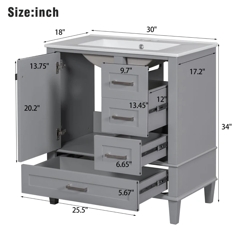 Modern Bathroom Vanity with Sink Combo, Solid Wood Frame, Ample Storage Cabinet with Soft-Close Door, 30" L x 18" W x 34" H, Grey