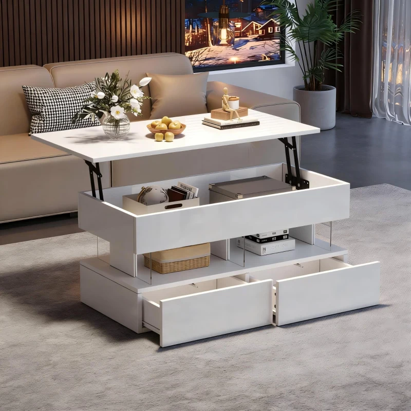 Sleek Lift-Top Coffee Table with LED Ambient Lighting, Modern Center Table with Height-Adjustable, 39.5" L x 19.5" W x 18" H, White