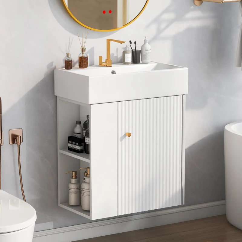 Modern Floating Bathroom Vanity with Ceramic Basin and Side Storage, Cabinet with Rose Gold Handle, 21.5" L x 12" W x 26.5" H, White
