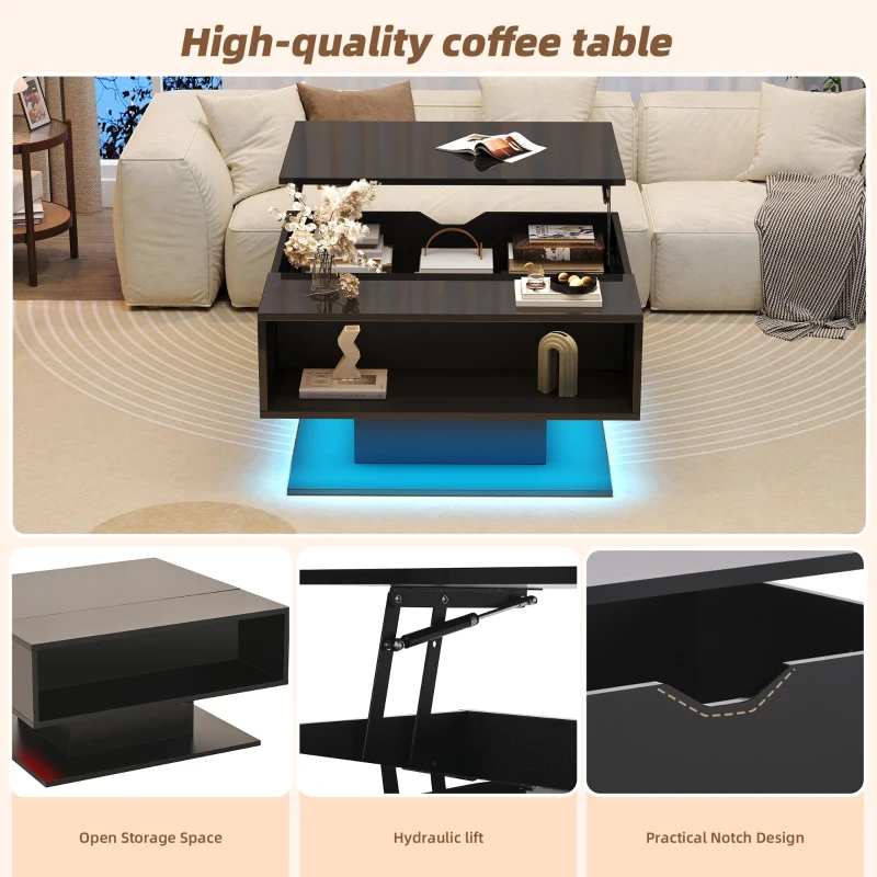Hydraulic Lift Coffee Table with App-Controlled LED Lighting, Versatile Center Table with Hidden Storage, 29.5" L x 31.5" W x 21" H, Black