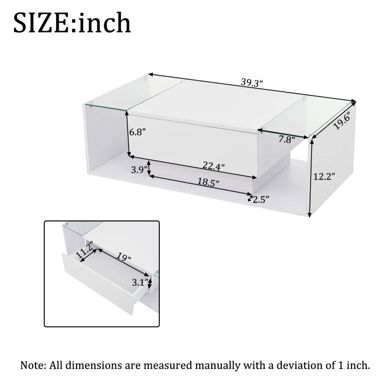 High-Gloss Coffee Table with Tempered Glass Storage, Compact Center Table with Semi-Open Shelf, 39.5″ L x 19.5″ W x 12″ H, White