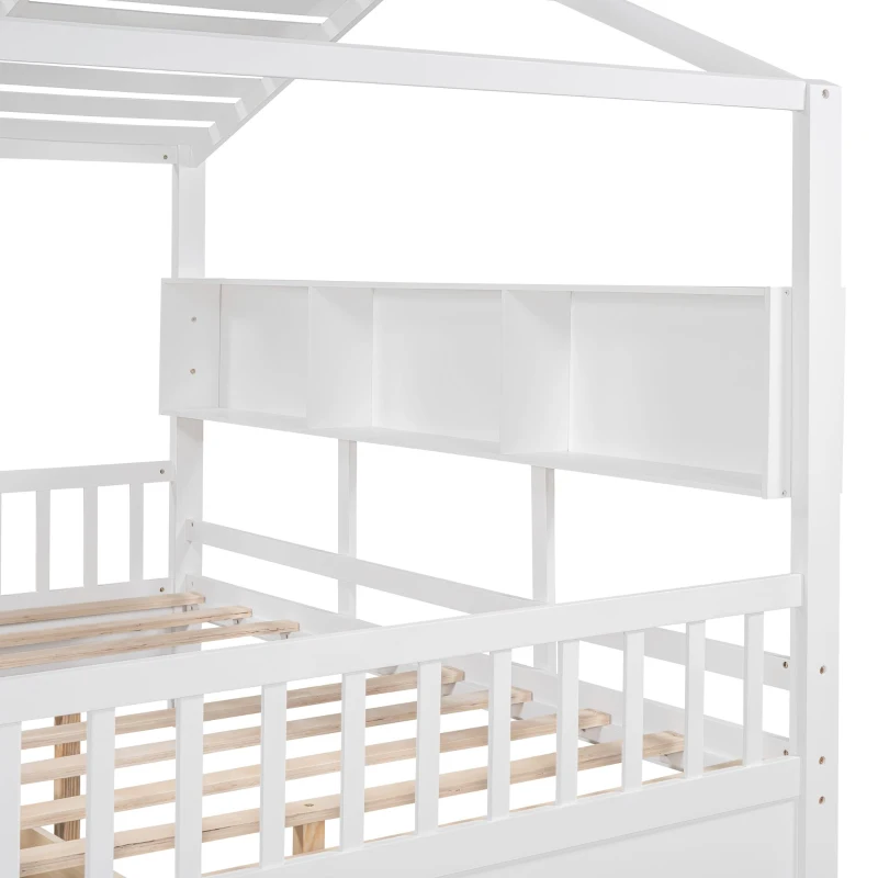 Full Size House Bed with Playful Pitched-Roof and Back Shelf, Wooden House Bed Frame with Sturdy Pine, 78'' L x 58'' W x 72'' H, White
