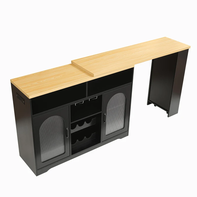 Multifunctional Bar Table with App-Controlled LED Lighting, Stylish Kitchen Island with Extendable Rolling Top, 47" L x 15.5" W x 36.5" H, Black+Natural