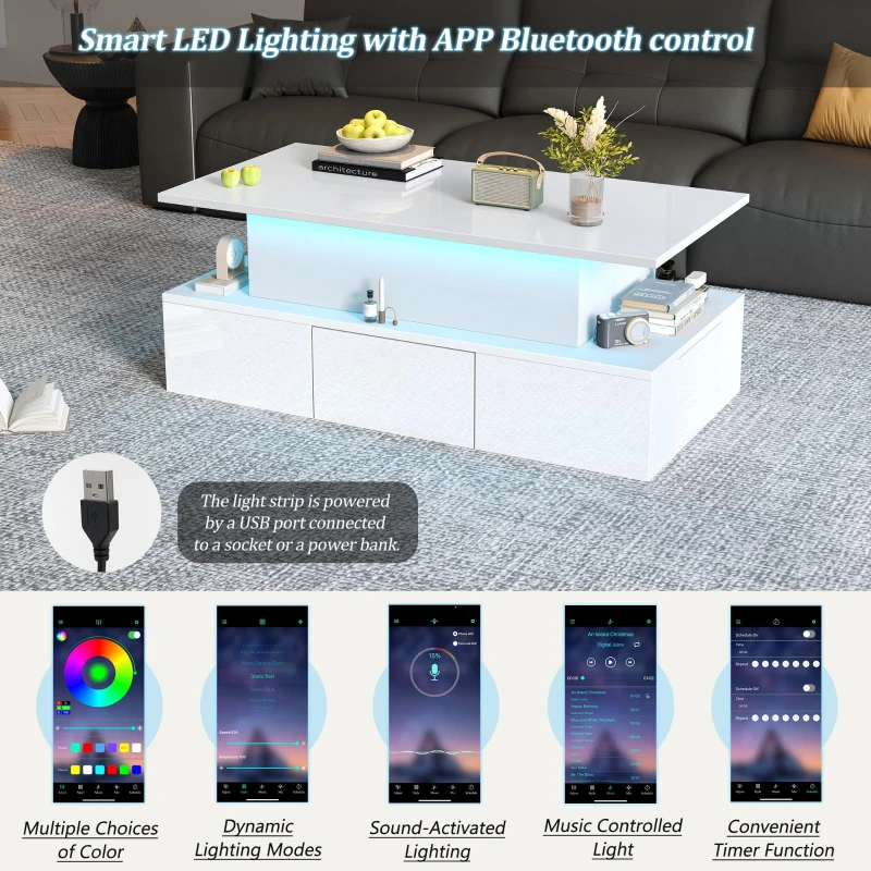 Sleek Lift-Top Coffee Table with Hydraulic Lift and App-Controlled LED Lighting, Versatile Center Table with Hidden Storage, 39.5" L x 19.5" W x 15.5" H, White
