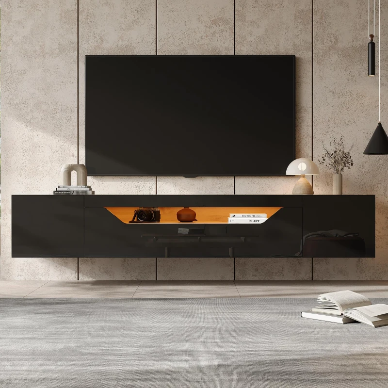 Wall-Mounted TV Cabinet with High-Gloss Front, 3-Tier Storage TV Stand with Fold-Down Flap Door, 65" L x 14.5" W x 14" H, Black+Natural