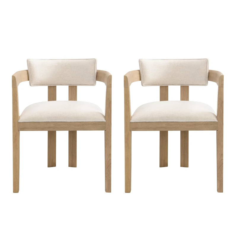 Set of 2 Dining Chairs with Armrests and Rubber Wood Frame, Wooden Dining Seating with Low-Maintenance Fabric, 22.5'' L x 23.5'' W x 31'' H, Beige