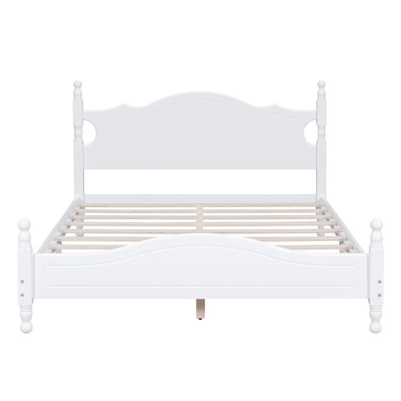 Queen Size Wood Platform Bed with Retro Headboard and 10 Slats, White Wood-Finished Bed Frame with Plywood, 85'' L x 62.5'' W x 39.5'' H, White