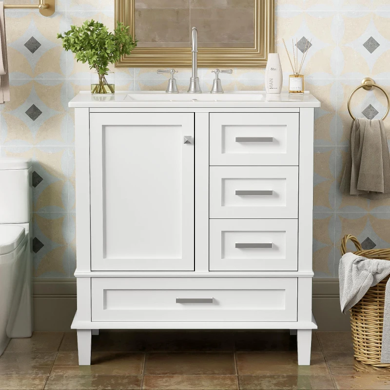Modern Bathroom Vanity with Sink Combo, Solid Wood Frame, Cabinet with Soft-Close Door and 3 Drawers, 30" L x 18" W x 34" H, White