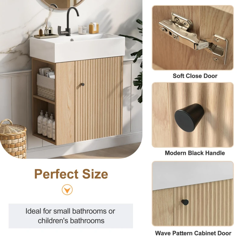 Space-Saving Floating Bathroom Vanity with Ceramic Basin, Wall-Mounted Cabinet for Compact Washroom, 21.5'' L x 12'' W x 26.5'' H, Wood
