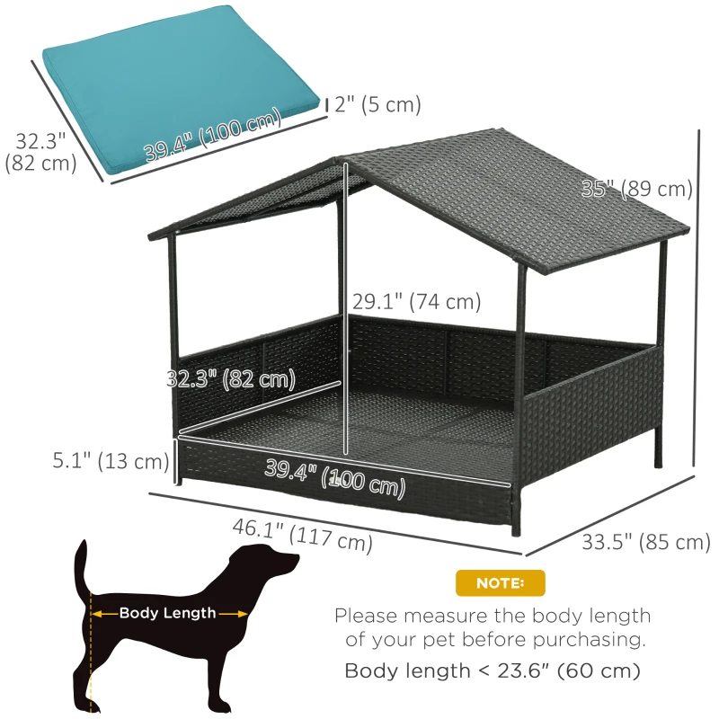 PawHut Rattan Dog House with Canopy, Wicker Dog Bed with Water-Resistant Cushion, for Small and Medium Breeds Blue