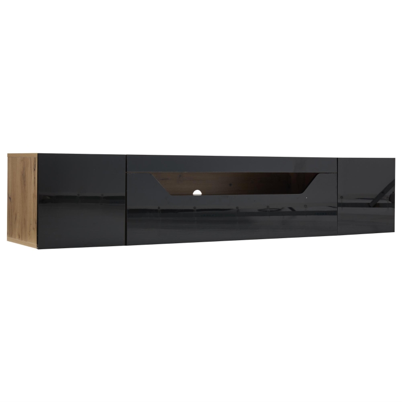 Wall-Mounted TV Cabinet with High-Gloss Front, 3-Tier Storage TV Stand with Fold-Down Flap Door, 65" L x 14.5" W x 14" H, Black+Natural