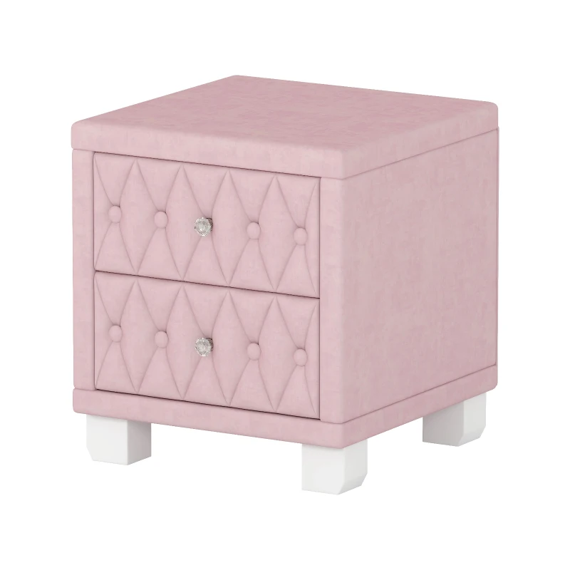 Elegant Velvet Nightstand with 2 Drawers and Crystal Handles, Soft Pink Beside Table with MDF and Storage Table, 18'' L x 18'' W x 20'' H, Pink