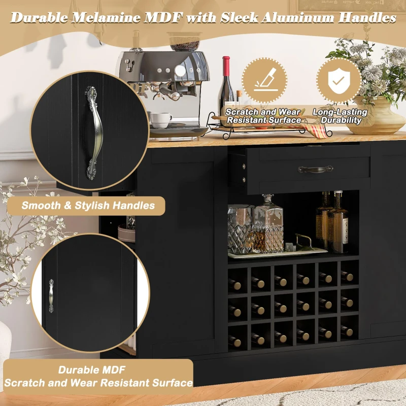 Modern Wine Bar Cabinet with Built-In Power Outlet, Versatile Sideboard with Adjustable Shelves, 47" L x 15.5" W x 34" H, Black+Natural