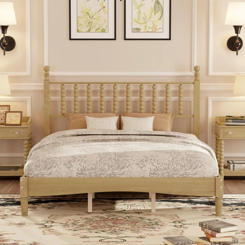 Queen Size Wood Platform Bed with Retro Gourd-Shaped Headboard, Solid Bed Frame for Eclectic Bedrooms, 84.5'' L x 63.5'' W x 45'' H, Natural
