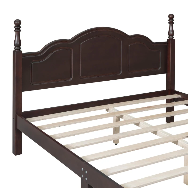 Queen Size Wood Bed with 10 Plywood Slats and Retro-Style Headboard, Modern Platform Bed with Warm Wood Finish, 85'' L x 62.5'' W x 43.5'' H, Walnut