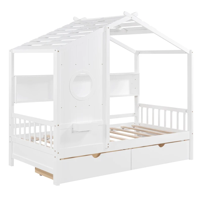 Kids Twin Size House Bed with 2 Storage Drawers and Rear Shelf, House-Style Kids Bed Frame with Plywood and MDF, 78'' L x 42.5'' W x 72'' H, White