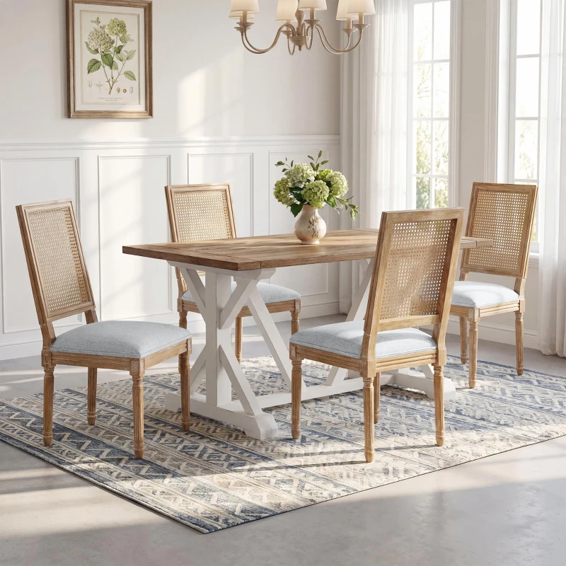 Set for 2 Dining Chair with Rectangular Cane Backrest and Padded Seat, Cane Back Dining Chairs with Fluted Legs, 20'' L x 22'' W x 39.5'' H, Light Grey