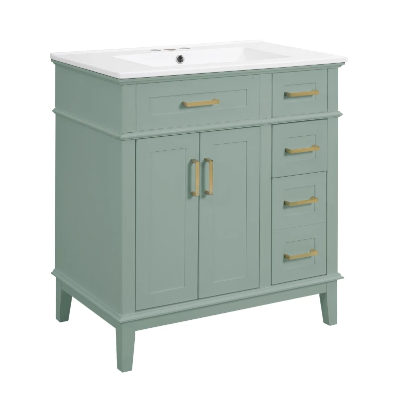 Solid Bathroom Vanity with Ceramic Undermount/Drop-In Sink, Modern Storage Cabinet for Compact Washrooms, 30'' L x 18'' W x 34'' H, Light Green