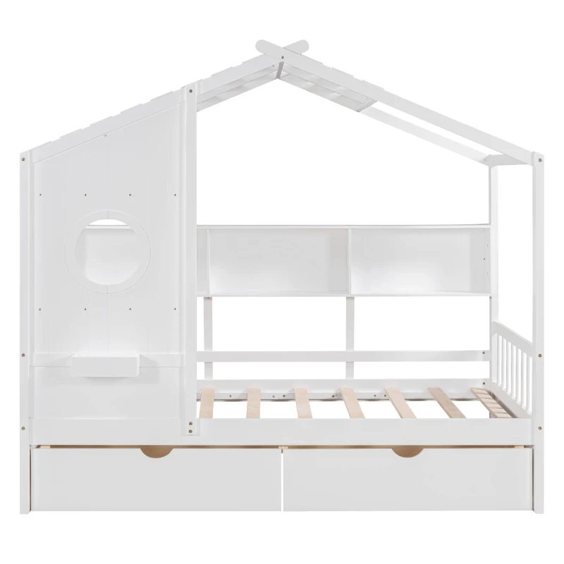 Kids Twin Size House Bed with 2 Storage Drawers and Rear Shelf, House-Style Kids Bed Frame with Plywood and MDF, 78'' L x 42.5'' W x 72'' H, White