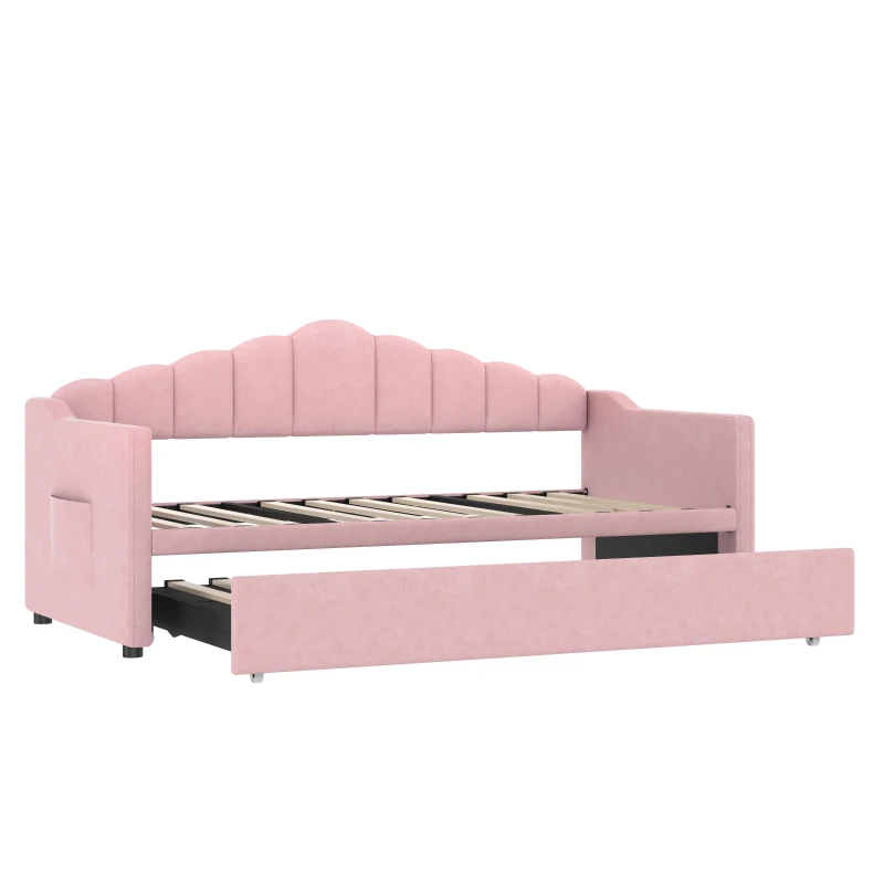 Twin-Size Upholstered Daybed with Height-Adjustable Pop-Up Trundle, Space-Saving Trundle Bed with 2 Side Pockets, 82.5'' L x 41'' W x 40'' H, Pink