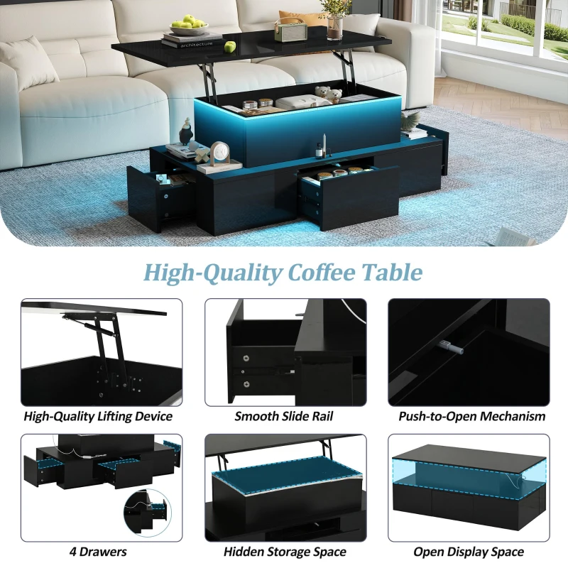 Sleek Lift-Top Coffee Table with Hydraulic Lift and App-Controlled LED Lighting, Versatile Center Table with Hidden Storage, 39.5" L x 19.5" W x 15.5" H, Black