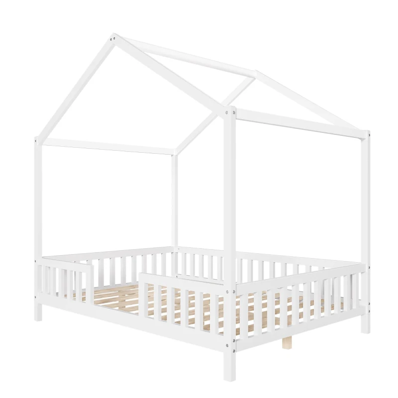 Full-Size Montessori Floor Bed with Canopy and Sturdy Pine, House-Style Platform Bed for Kids' Rooms, 78.5'' L x 56.5'' W x 78'' H, White