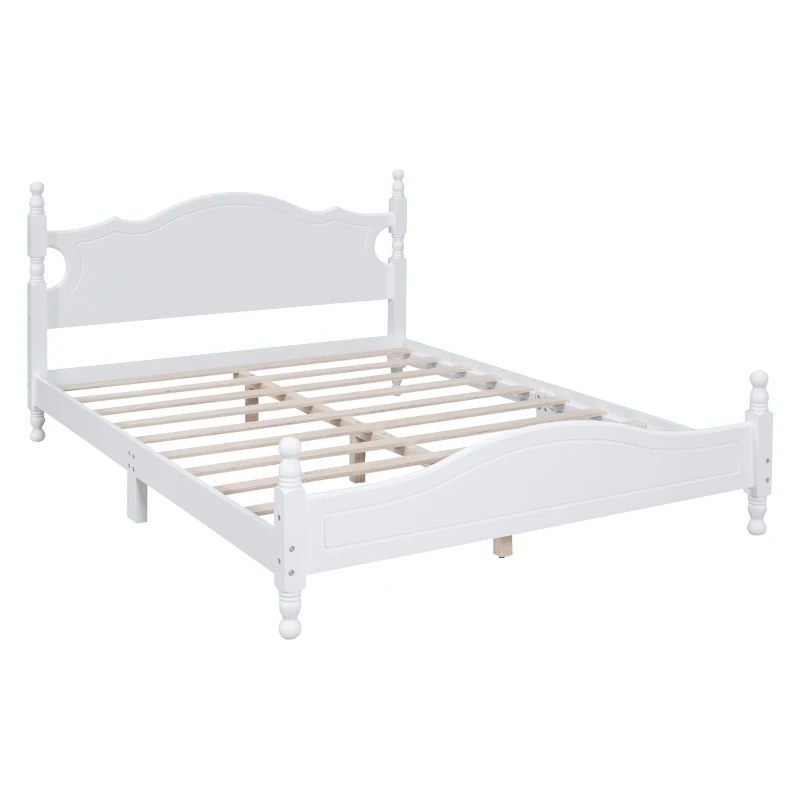 Queen Size Wood Platform Bed with Retro Headboard and 10 Slats, White Wood-Finished Bed Frame with Plywood, 85'' L x 62.5'' W x 39.5'' H, White
