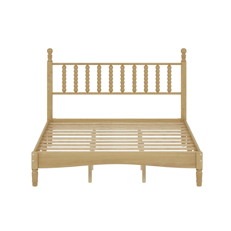 Queen Size Wood Platform Bed with Retro Gourd-Shaped Headboard, Solid Bed Frame for Eclectic Bedrooms, 84.5'' L x 63.5'' W x 45'' H, Natural