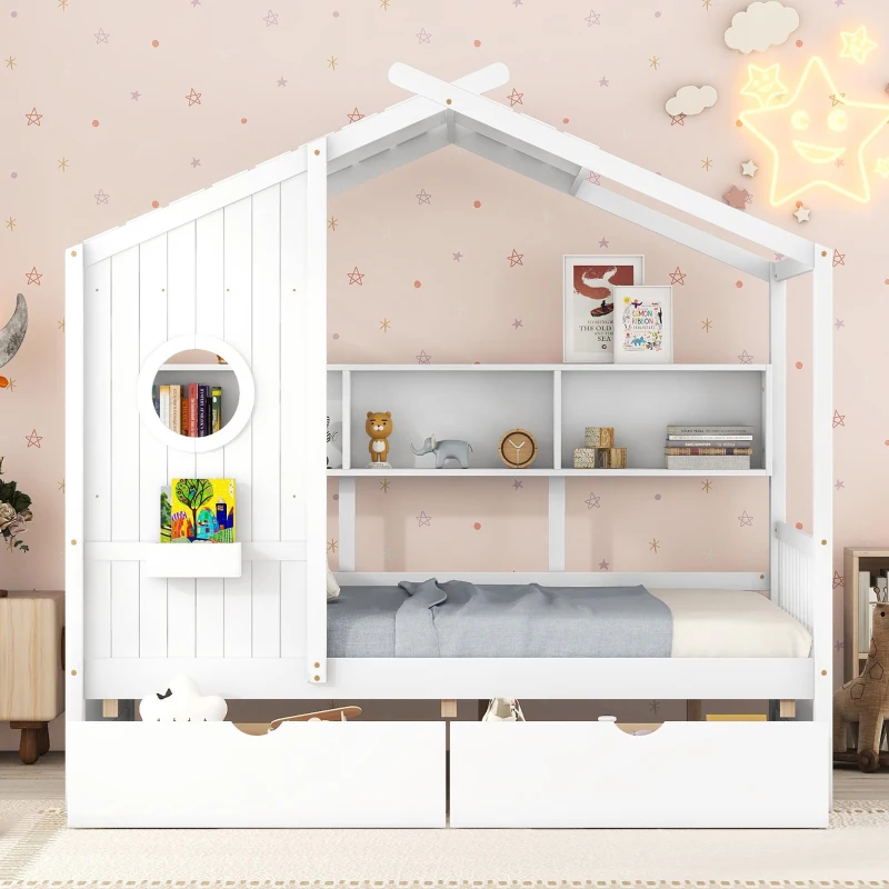 Full Size House Bed with Playful Pitched-Roof and Back Shelf, Wooden House Bed Frame with Sturdy Pine, 78'' L x 58'' W x 72'' H, White