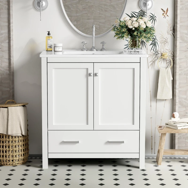 30" Bathroom Vanity with Single Sink, Solid Wood Frame, Multifunctional Storage Cabinet with Soft-Close Doors, 30" L x 18.5" W x 34" H, White