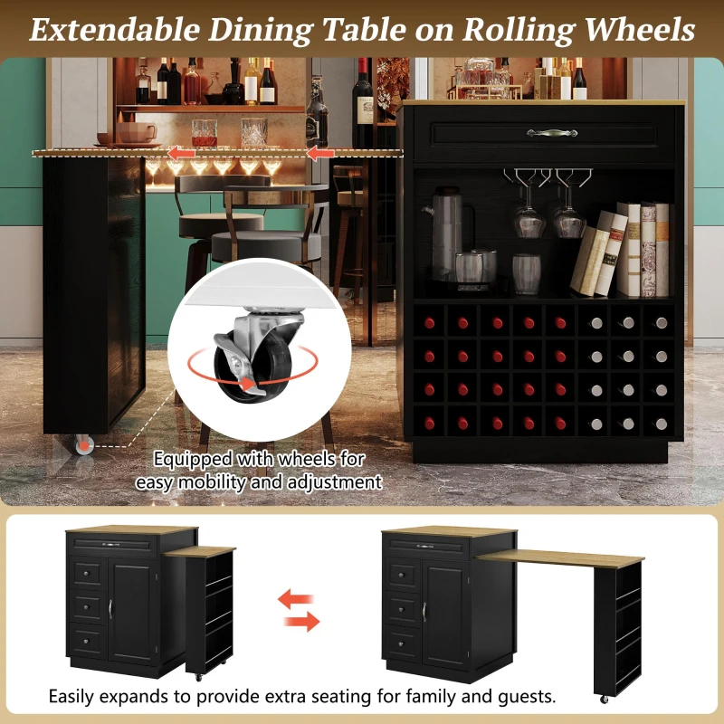 Stylish Mobile Bar Table with Extendable Countertop, Spacious Kitchen Counter with Storage Shelf, 73″ L x 27.5″ W x 41.5″ H, Black+Natural