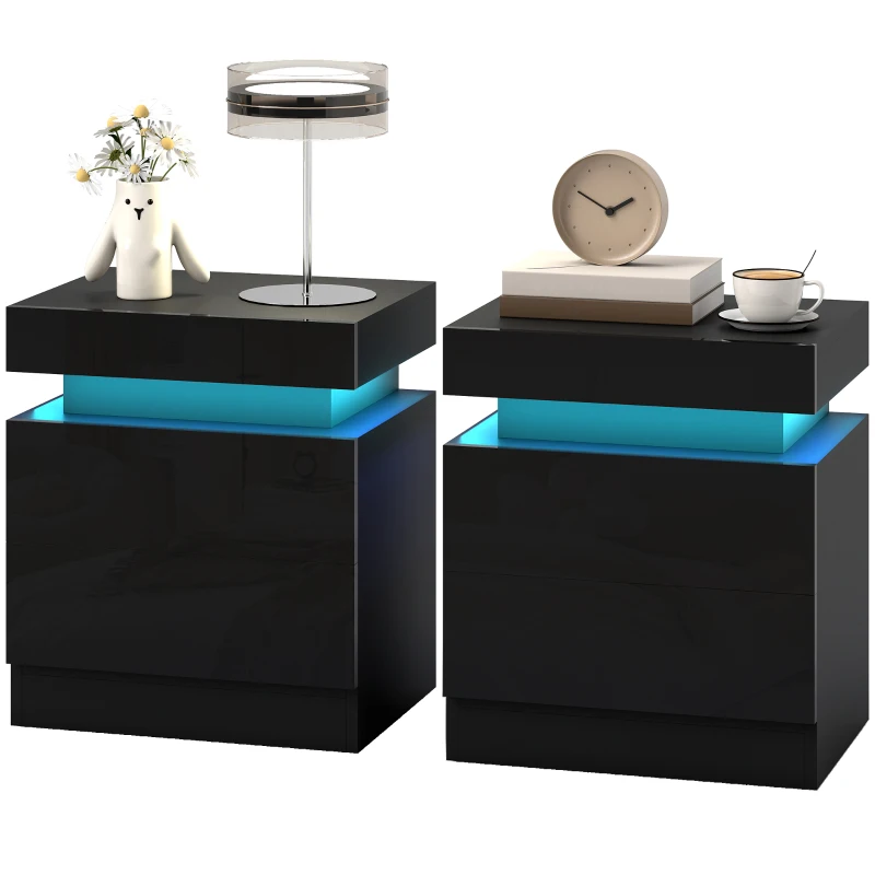 HOMCOM Nightstand Set of 2, End Side Tables with LED Lights, Bedside Tables with 2 Drawers, for Bedroom, Black