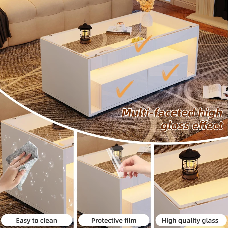 High-Gloss Coffee Table with App-Controlled RGB LED Strip, Spacious Center Table with Open Double-Layer Storage, 39.5" L x 19.5" W x 15.5" H, White
