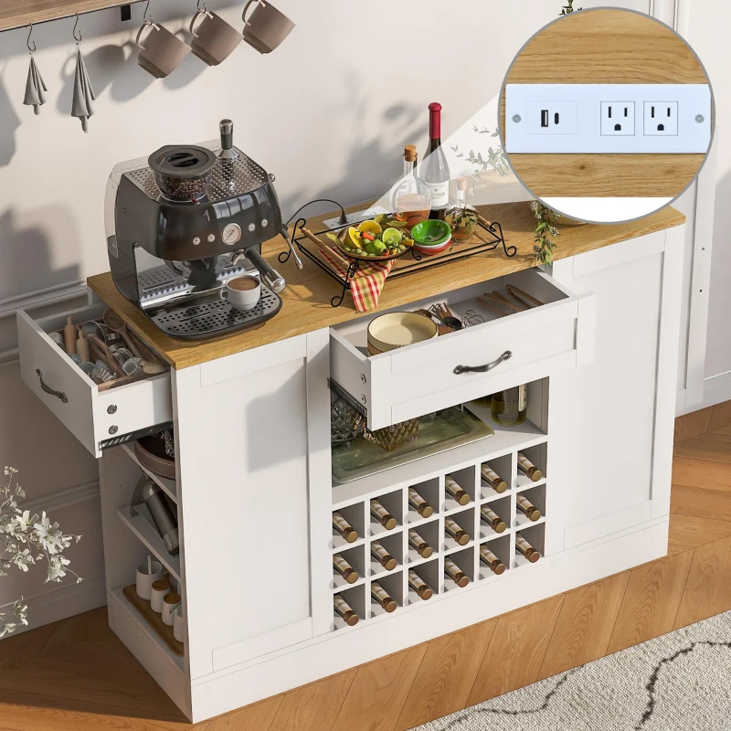 Modern Wine Bar Cabinet with Built-In Power Outlet, Versatile Sideboard with Adjustable Shelves, 47" L x 15.5" W x 34" H, White+Natural