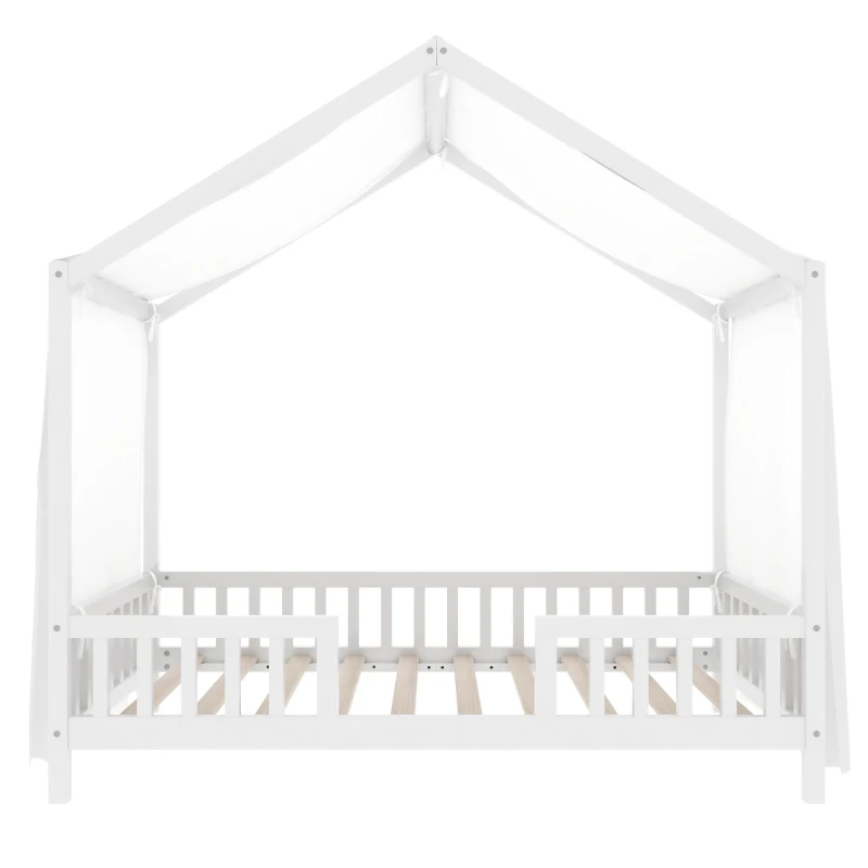 Twin House-Shaped Toddler Bed with 4 High Guard Railings & Roof Frame, Montessori Floor Bed with Canopy, 78.5'' L x 41.5'' W x 78'' H, White