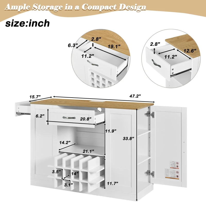 Modern Wine Bar Cabinet with Built-In Power Outlet, Versatile Sideboard with Adjustable Shelves, 47" L x 15.5" W x 34" H, White+Natural