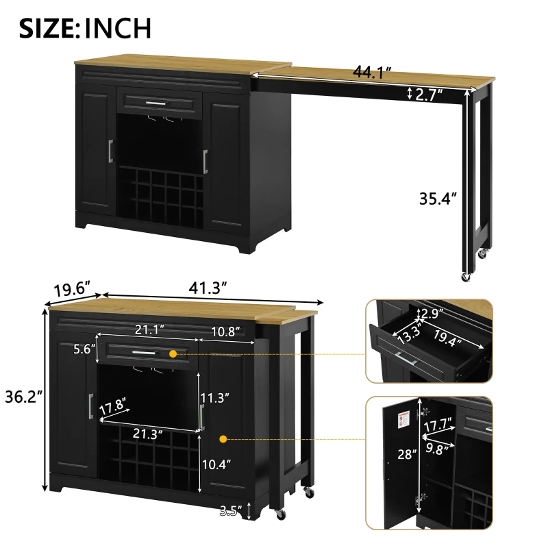 Expandable Bar Table with Adjustable Shelves and Rear Casters, Versatile Kitchen Counter with 2 Doors, 87.5″ L x 19.5″ W x 36″ H, Black+Natural