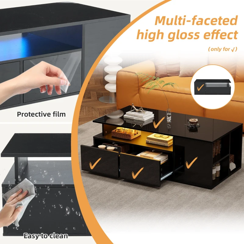 High-Gloss LED Coffee Table with App-Controlled Colour Light Strip, Functional Center Table with Open Storage, 39.5" L x 19.5" W x 13.5" H, Black