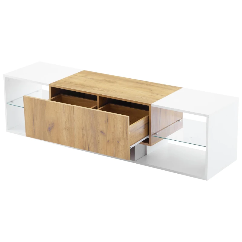 3-Tier TV Stand with App-Controlled LED Lighting and Glass Shelves, Sturdy TV Cabinet with 2 Drawers, 63" L x 15.5" W x 16.5" H, White+Natural
